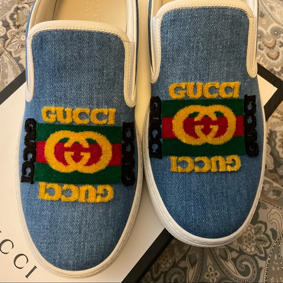 New GUCCI Kura Denim Slip On Sneakers Mens Sz 8 - Picture 5 of 13